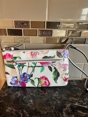 Dana Buchman White Floral Wristlet Crossbody with Pink & Purple Blooms